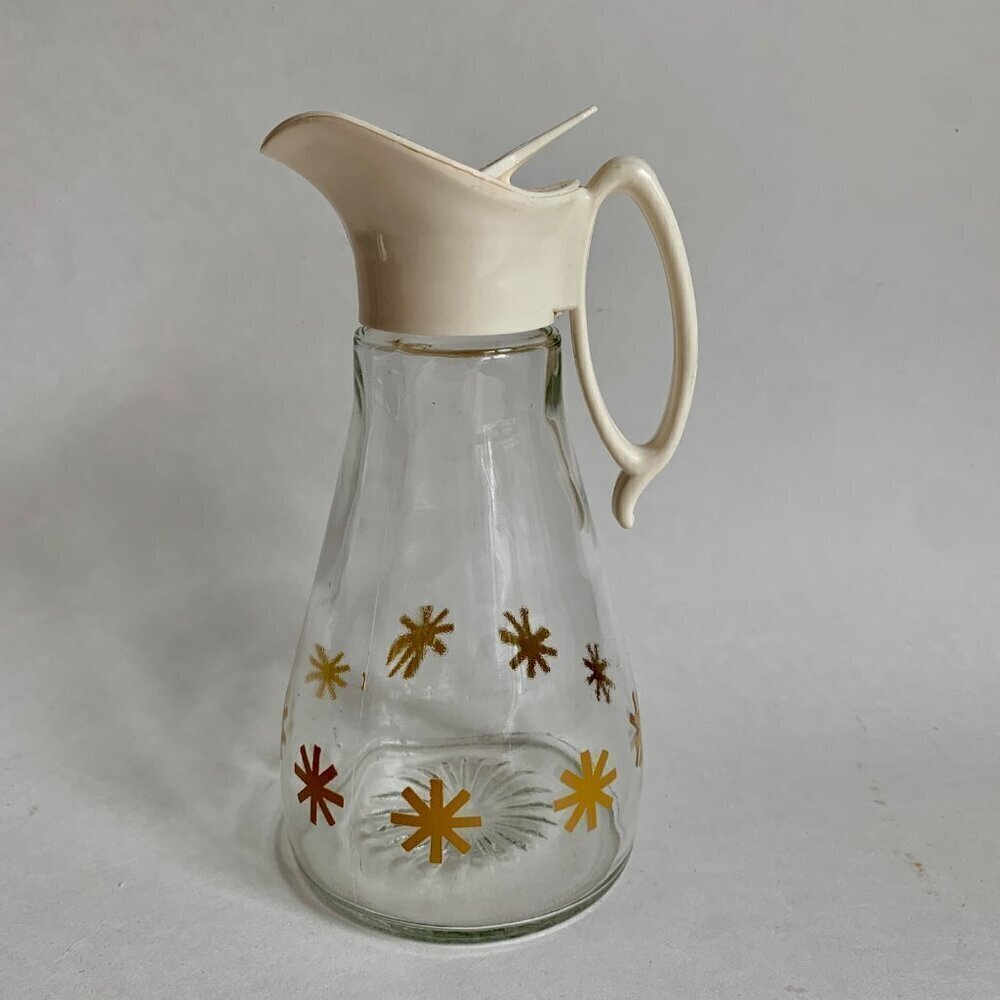 Vintage Log Cabin Syrup Pitcher MCM Gold Atomic Starburst Design Glass Dispenser